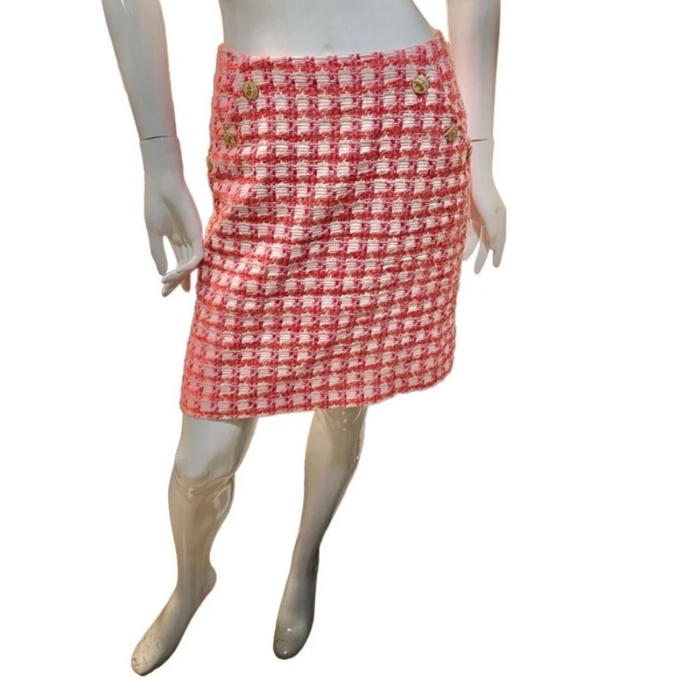 Y2K Brooks Brothers Tweed Boucle Plaid A-line Mini pink Orange White Skirt M - Picture 3 of 10